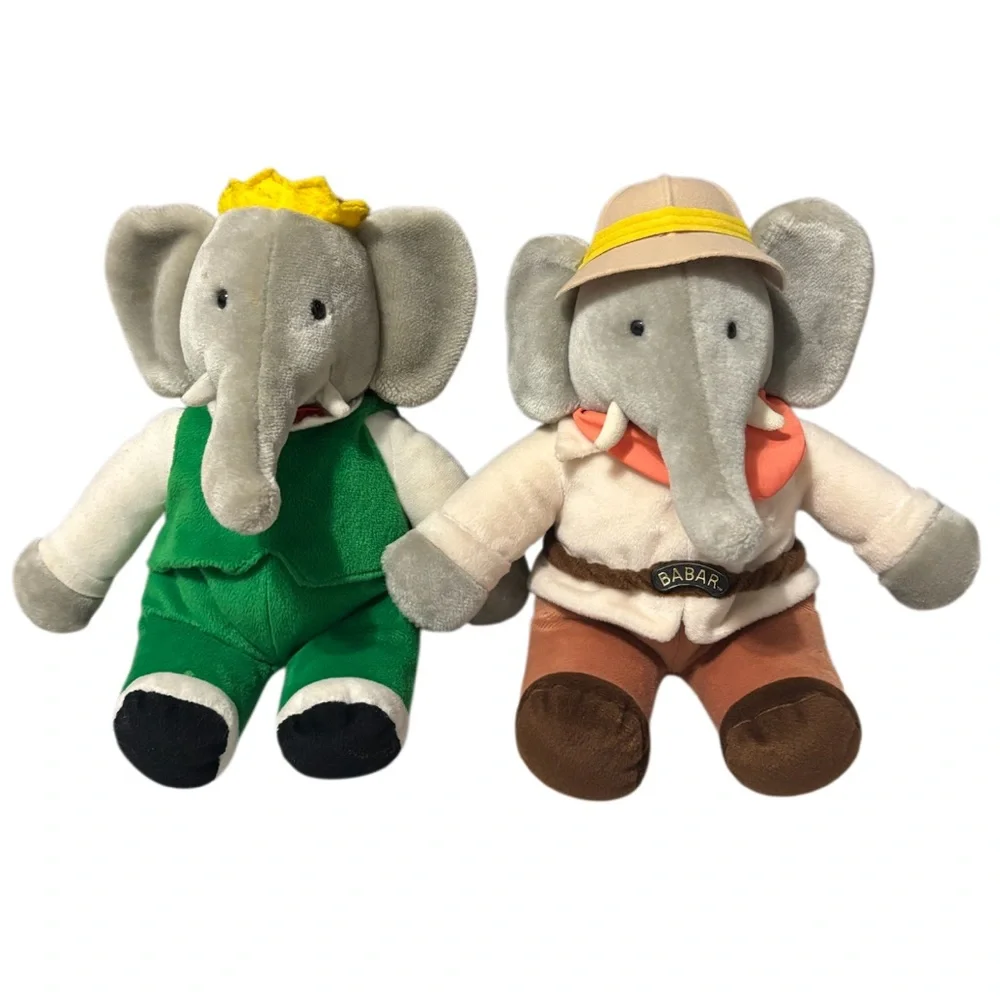 Vintage 80s Barbar Elephant Rare Vintage Plush Toys Lot Animals Gray Green Brown
